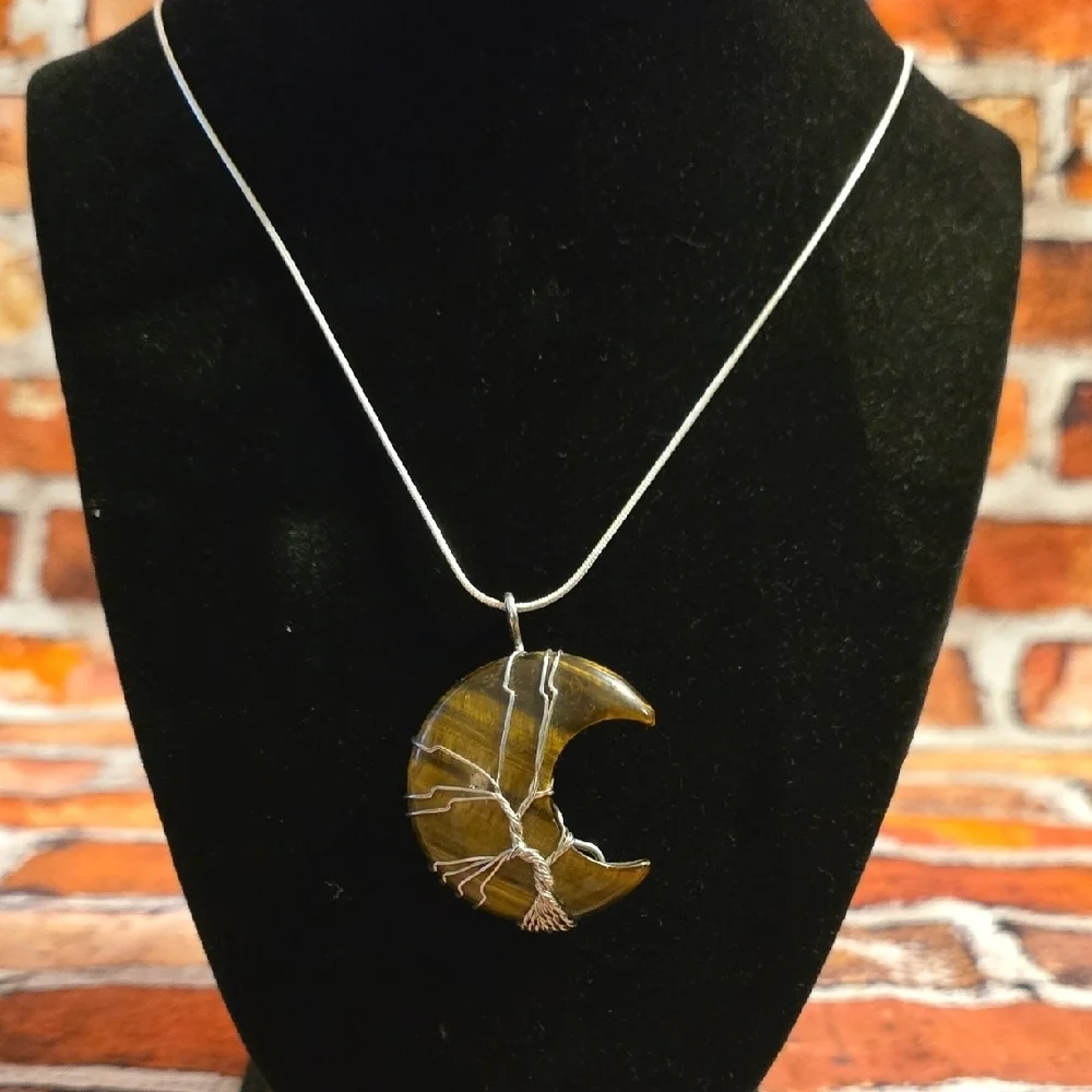 Silver and Brown Crescent Tree Necklace